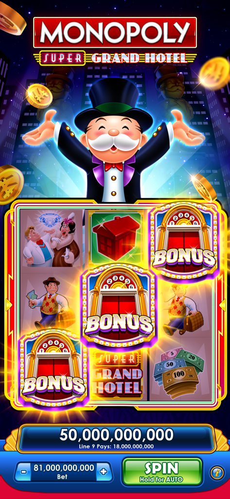 A Super Grand Hotel themed slot machine featuring Mr. Monopoly and a massive coin jackpot.