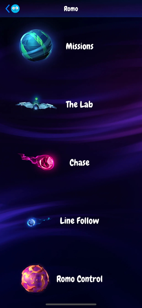 Romo - The main menu of the Romo app displaying activity options including Missions, The Lab, and Romo Control with space-themed icons.