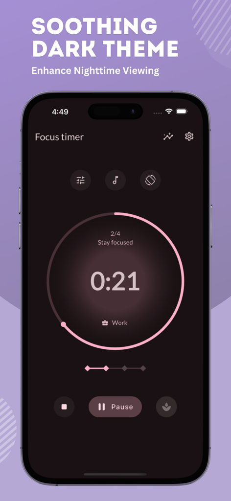 Pomodoro Focus Timer Pro - 夜間の集中力のための心地よいダークテーマのPomodoro Focus Timer Proインターフェース