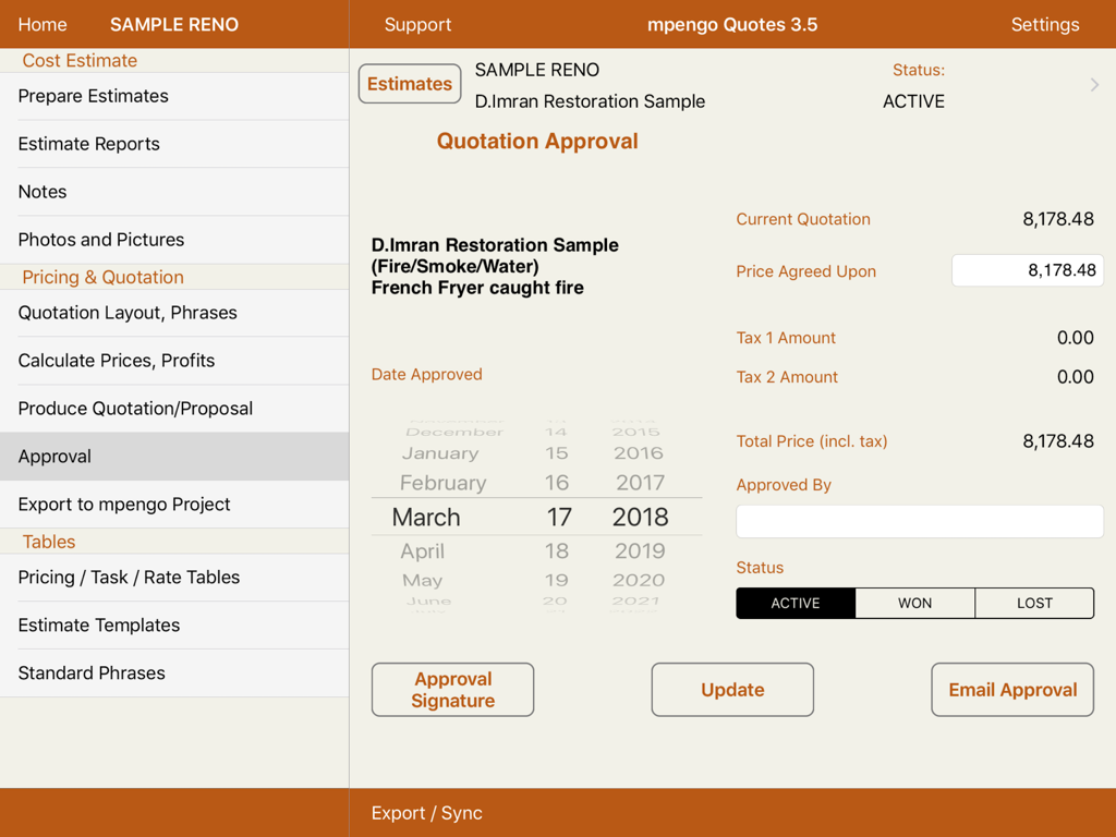 mpengo Quotes - mpengo Quotes iPad app quotation approval screen showing a restoration project estimate with pricing details and signature options