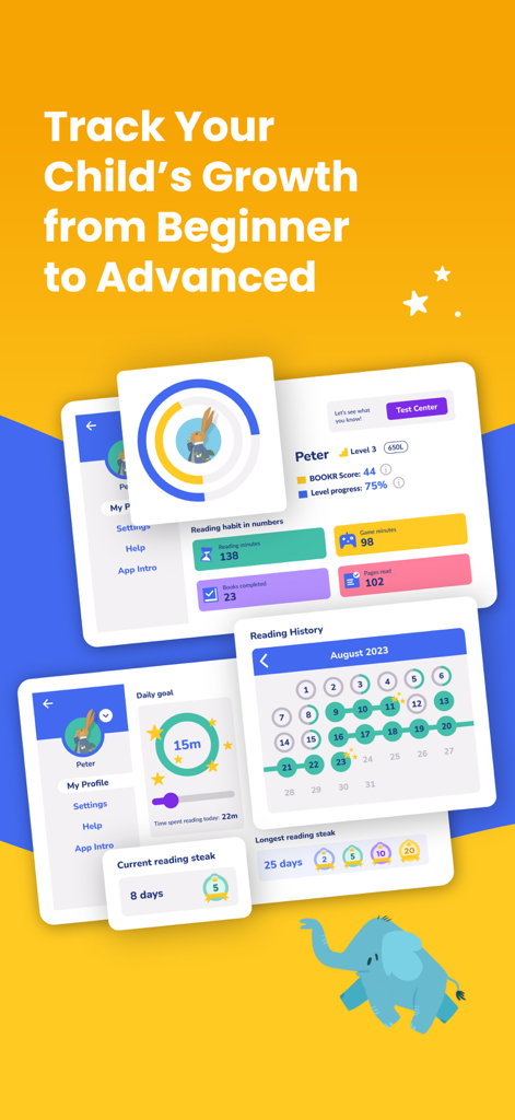 BOOKR Class Learn English - Una interfaz de panel de control de la aplicación BOOKR Class que muestra los niveles de progreso de los hábitos de lectura de un niño y rachas