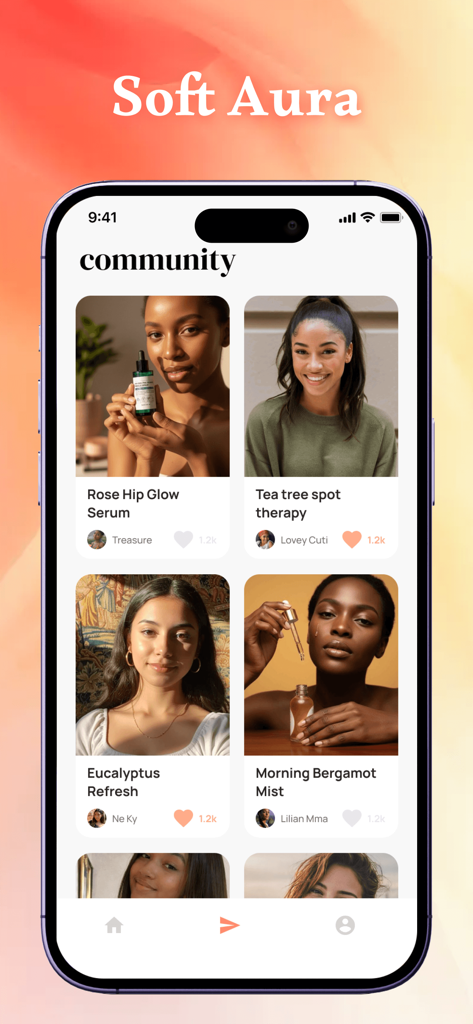 Miren: Nice Feelings - Un feed comunitario minimalista en la aplicación Miren que muestra publicaciones estéticas de autocuidado y cuidado de la piel.