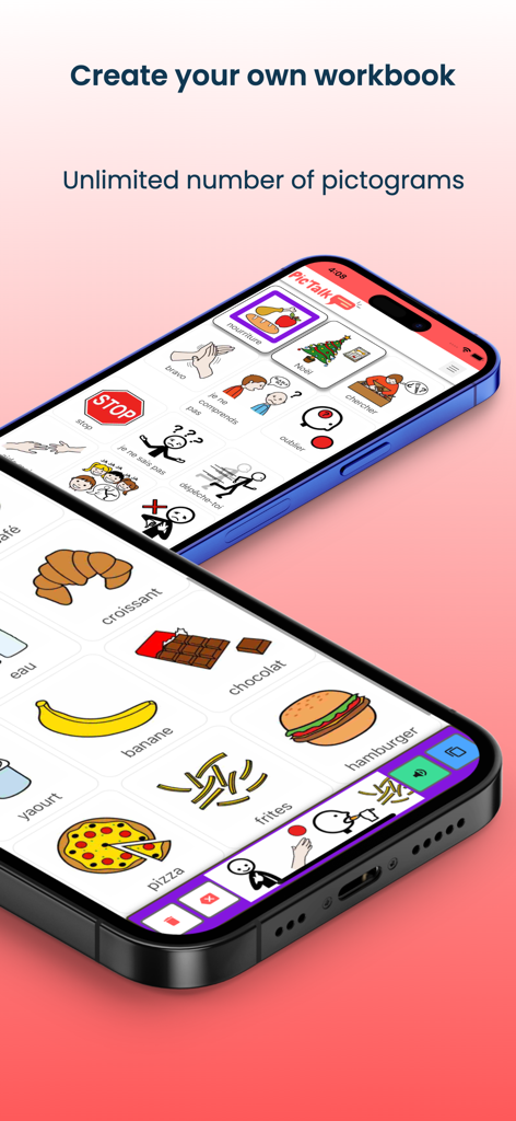 Pictalk AAC - Two smartphones displaying the Pictalk AAC app interface with various communication pictograms and text about creating custom workbooks