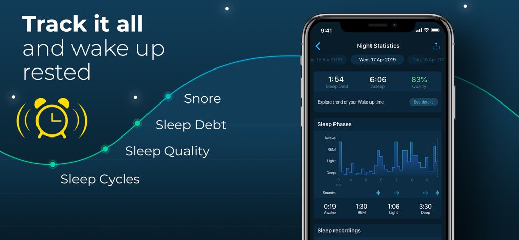 Smartphone screen displaying sleep quality statistics and sleep phases in the Sleepzy app