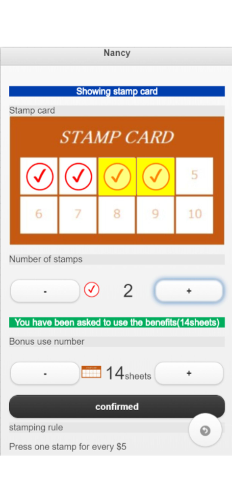 Staca - Pantalla de la aplicación Staca que muestra una tarjeta de fidelidad digital con cuatro marcas y controles de recompensa del comerciante