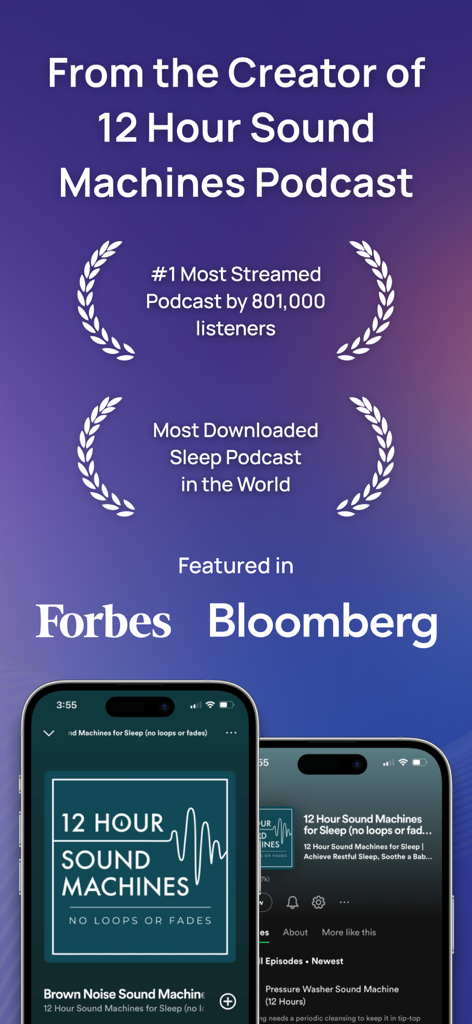 Dwellspring: Sleep Sounds - Promotional screen for Dwellspring app showing its podcast awards and features in Forbes and Bloomberg