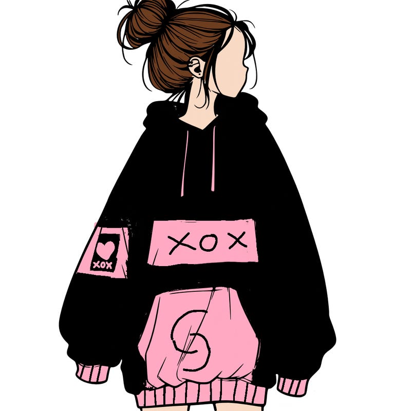 realistic girl with a oversized sweatshirt on and a bun