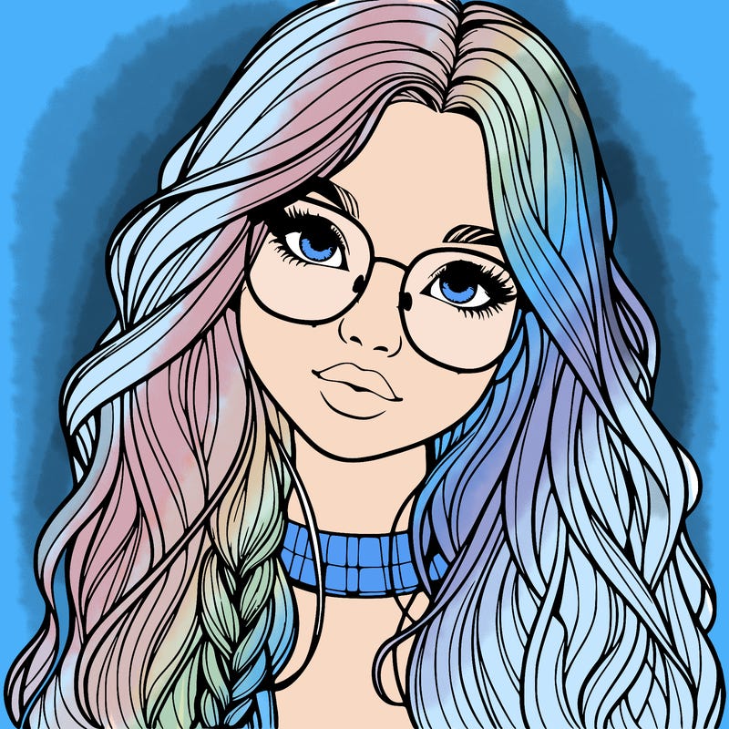 girl with long hair and freckles and glasses realistic