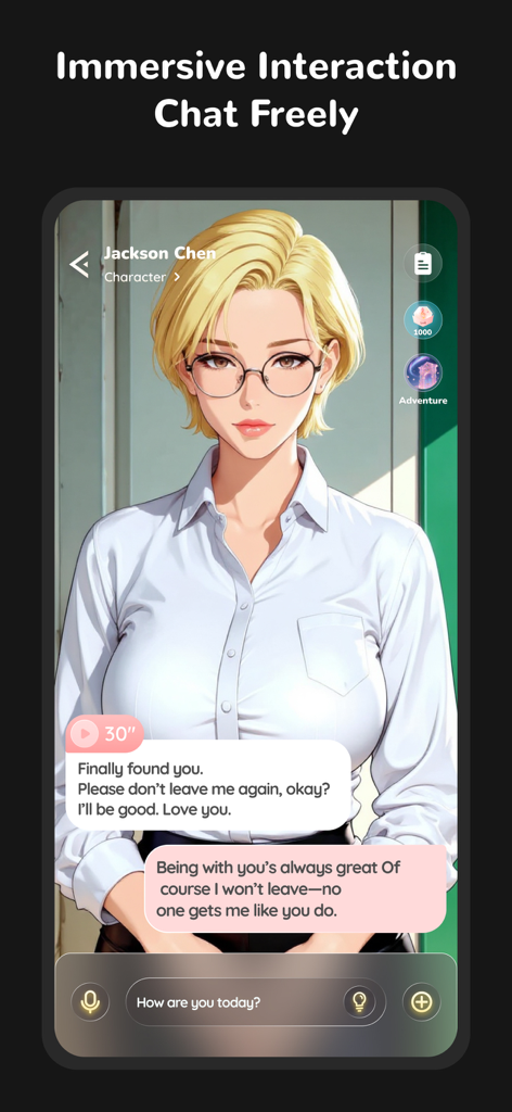 Mate-Soulmates For Every Step - Uma interface de bate-papo no aplicativo Mate mostrando uma conversa imersiva com um personagem de anime 2D