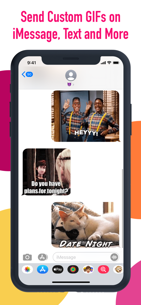 GifLab - GIF Maker & Editor - Pantalla de iPhone mostrando GIFs personalizados compartidos en una conversación de iMessage