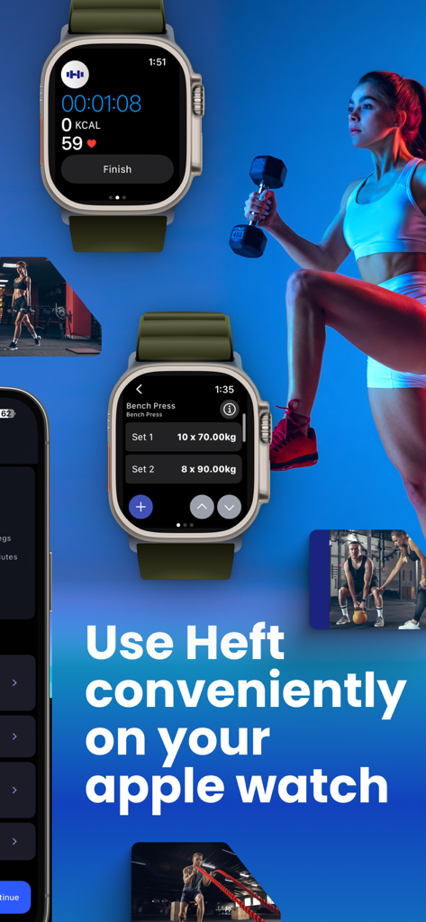 Heft - Exercise Tracker & Log - Interface of the Heft exercise tracker app on an Apple Watch showing workout logs and a timer
