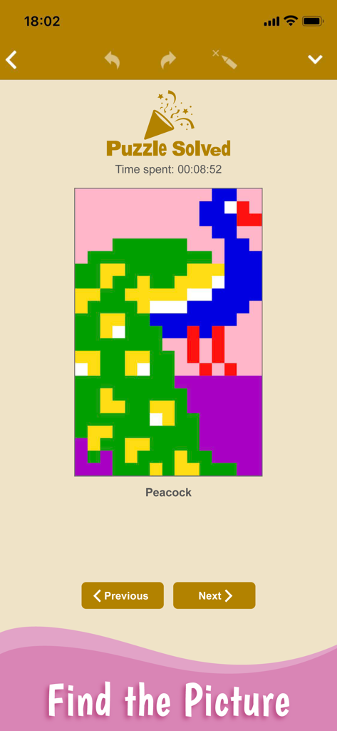 Sym-a-Pix: Nonogram Symmetry - Completed peacock pixel art puzzle in the Sym-a-Pix app
