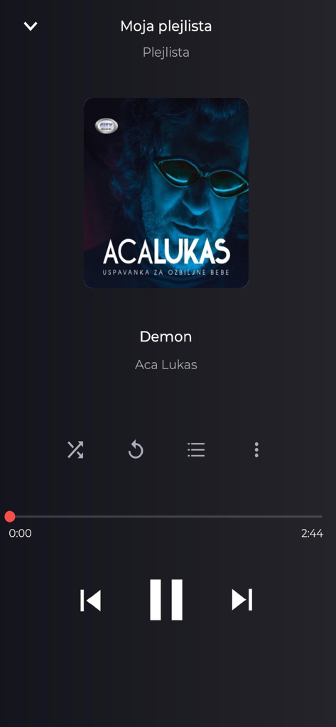 Balkan myusic - Balkan myusicアプリの音楽プレイヤーインターフェース。Aca Lukasの曲「Demon」をフィーチャーしています。