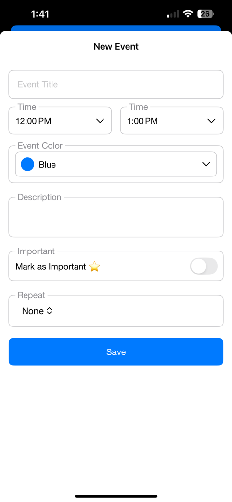 RM Daily Planner - New event creation screen in the RM Daily Planner app for returned missionaries