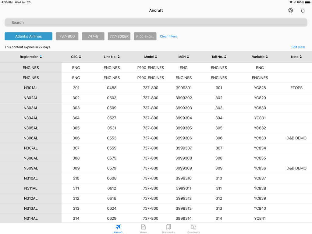 Vista dell'elenco flotte aeromobili della Boeing Toolbox Mobile Library che mostra numeri di registrazione e modello
