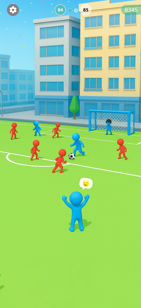 Kick to Score - Gameplay screenshot of Kick to Score showing a soccer match in a city street setting with stylized characters