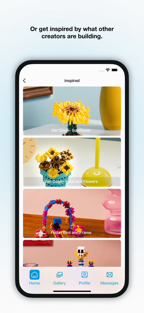 Plus-Plus - Guides & Ideas - Inspired section of the Plus-Plus app featuring building projects like a sunflower and art frame.