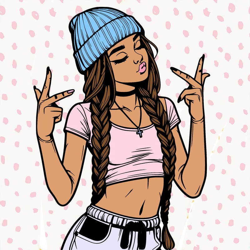 realistic teenage girl with braids and a beanie and crop top doing 🫶🏼