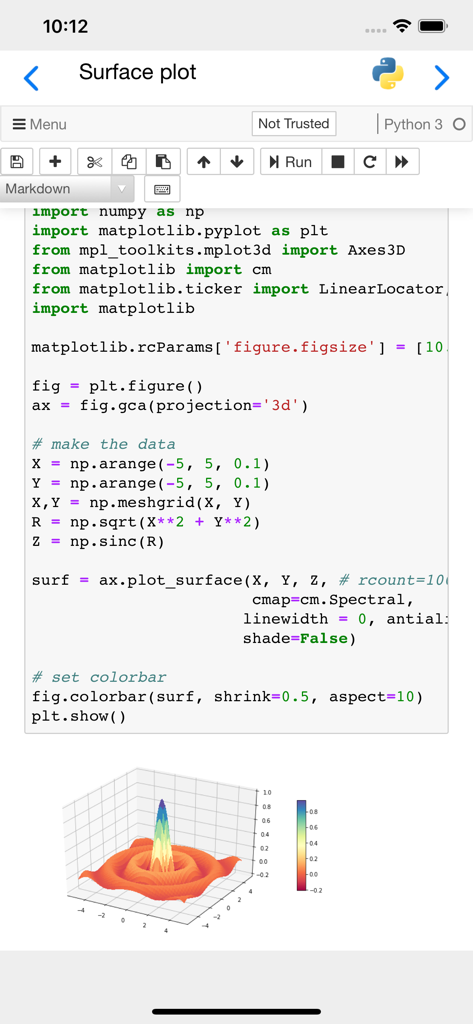 Mobile interface of a Carnets Jupyter notebook displaying Python code and a 3D surface plot generated with Matplotlib.
