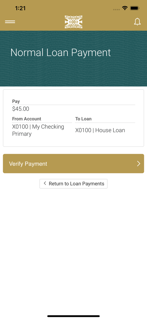 TBAS - TBAS mobile app screen showing a loan payment verification for a house loan.