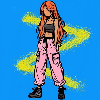 girl in baggy pants crop top and long hair