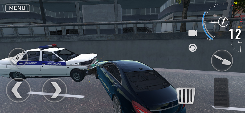 A 3D simulation of a blue car crashing into a police car with realistic metal deformation