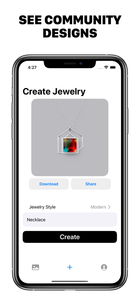 Interfaz de la app Jewelry AI mostrando un diseño de collar moderno con opciones de descarga y compartir