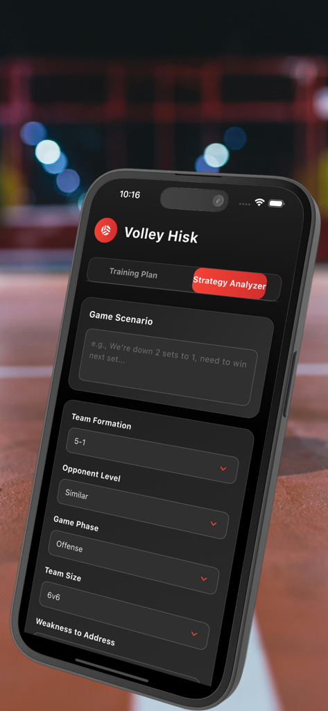 Pantalla del analizador de estrategia de la aplicación móvil Volley Hisk que muestra la configuración del juego de voleibol
