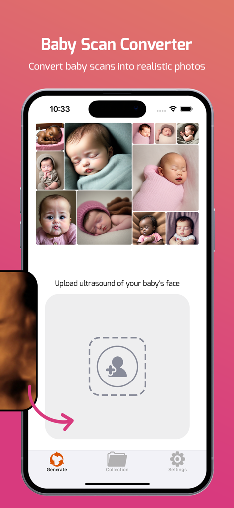 Baiby - AI Baby Scan Converter - Interfaz de la aplicación Baiby que muestra la función para cargar una ecografía 3D y convertirla en un retrato realista de bebé.