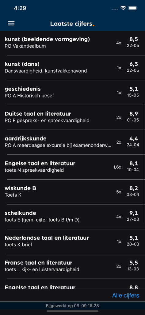 A mobile interface showing a list of recent school grades and subject names in the Magister app