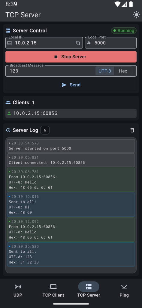 Interface of the TCP Server feature showing server controls, a connected client, and detailed communication logs in dark mode.
