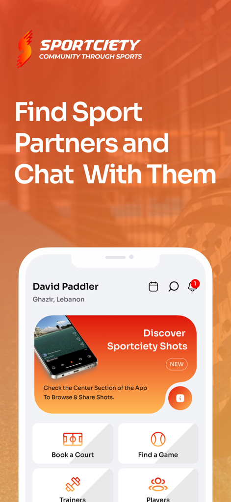 Sportciety mobile app screen for finding sport partners and chatting with them