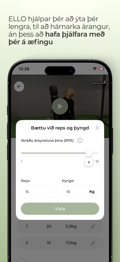 ELLO: Community and Wellness - Interface of the ELLO wellness app for logging exercise repetitions, weight, and rate of perceived exertion.