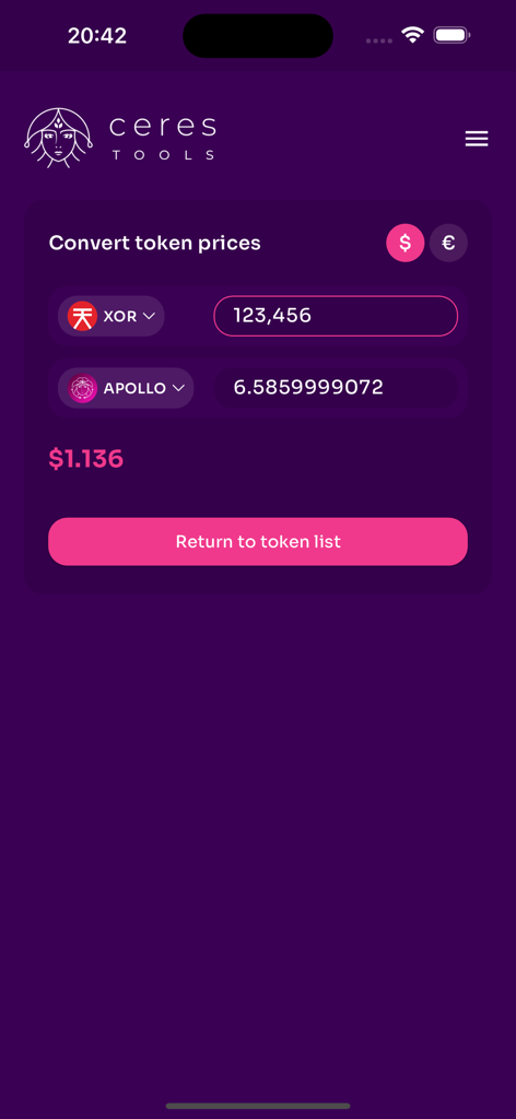 Ceres Tools - Interface do aplicativo Ceres Tools mostrando um conversor de preço de token de criptomoeda entre XOR e APOLLO.