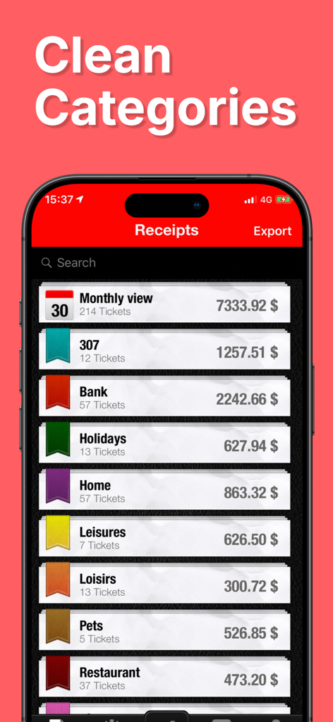 Interfaccia dell'app ScanTicket che mostra categorie di ricevute organizzate e spese totali per categoria