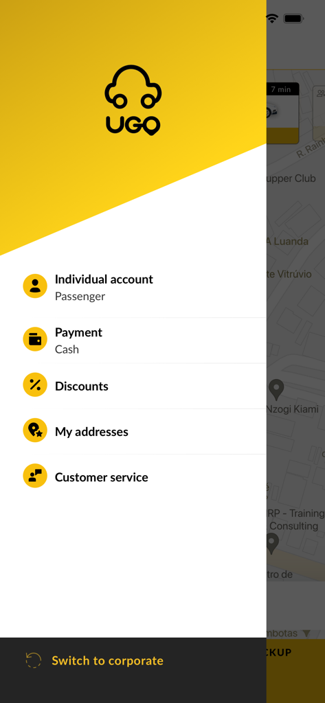 Side menu of the UGO app showing account and payment options