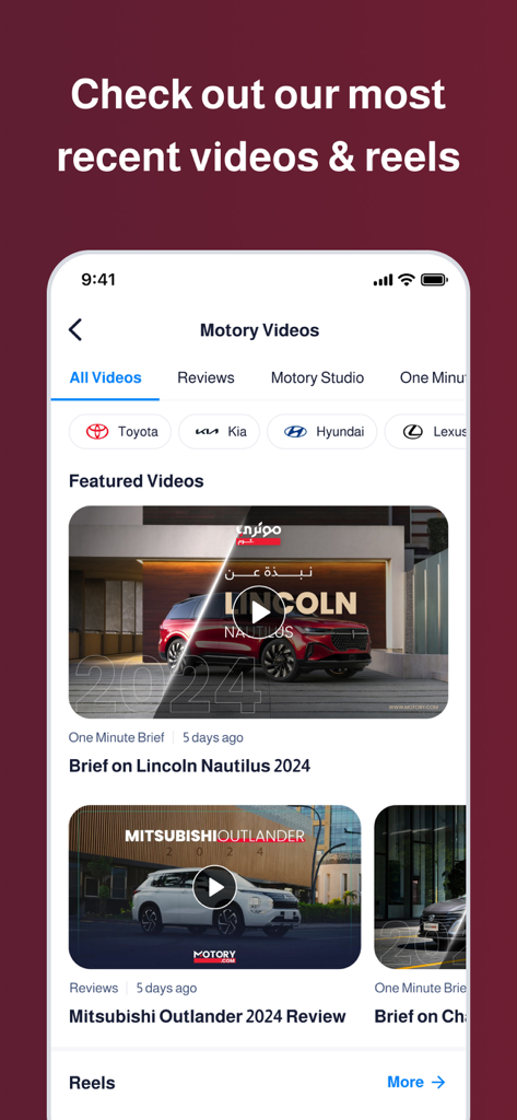 Motory - Cars For Sale Online - Motory app screen displaying a gallery of car review videos and reels for various automotive brands like Toyota and Kia.