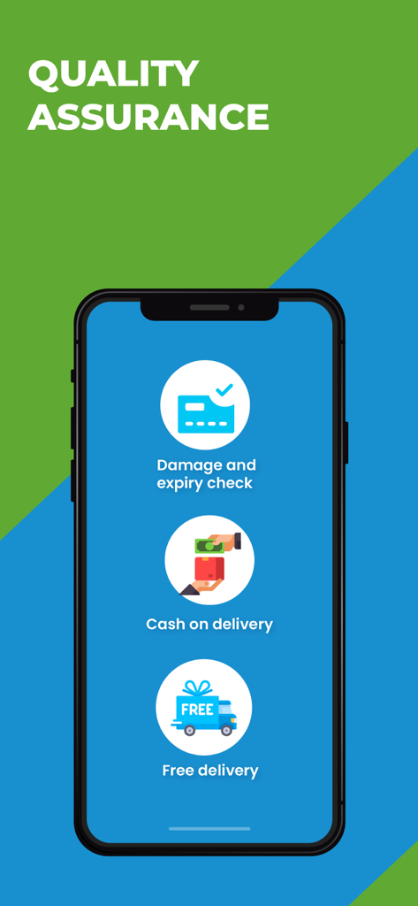 Página de garantia de qualidade do aplicativo móvel GetMeds mostrando verificação de danos, pagamento na entrega e entrega gratuita.