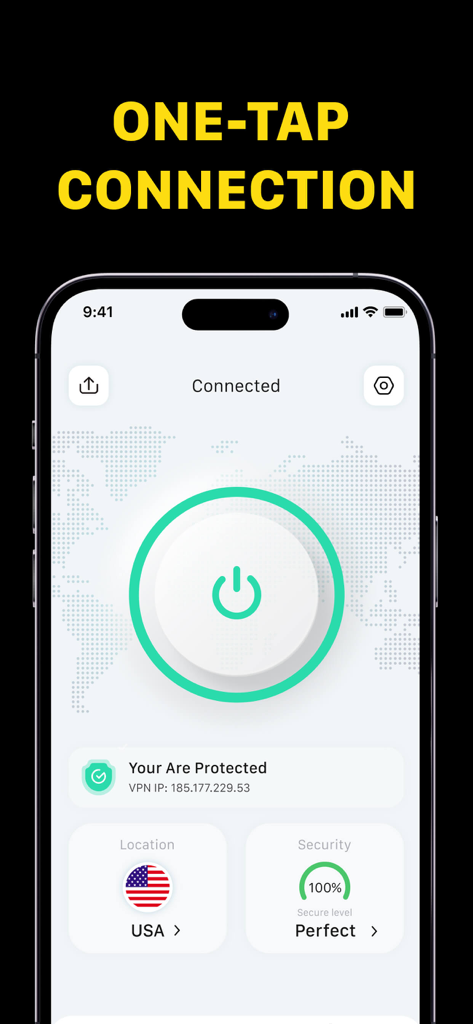 Argon VPN - Super Easy Connect - Argon VPN app interface on iPhone showing a successful one-tap connection to a USA server with a green status indicator.