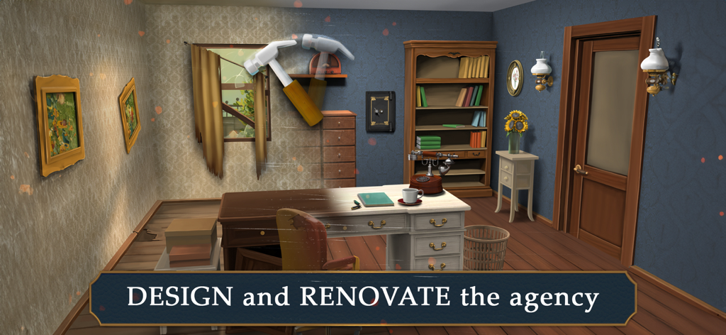 Mary's Mystery: Hidden Object - A comparison showing a messy room being renovated into a clean detective office with the text Design and Renovate the agency.