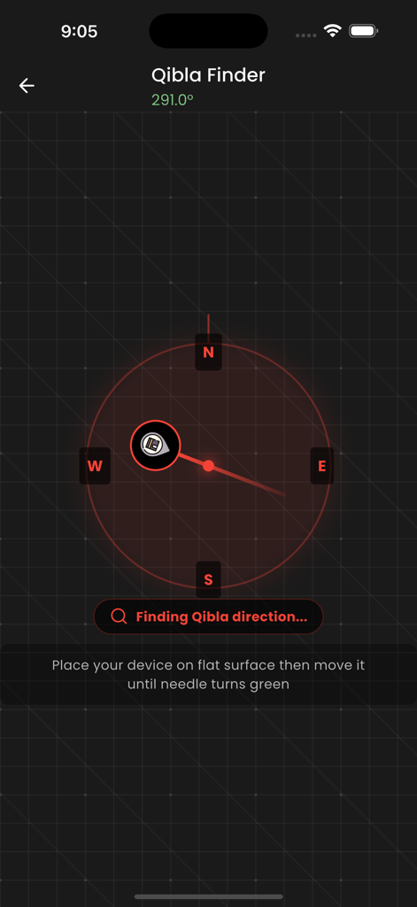 A digital Qibla Finder compass interface within the Thafheem ul Quran app showing direction toward the Kaaba.