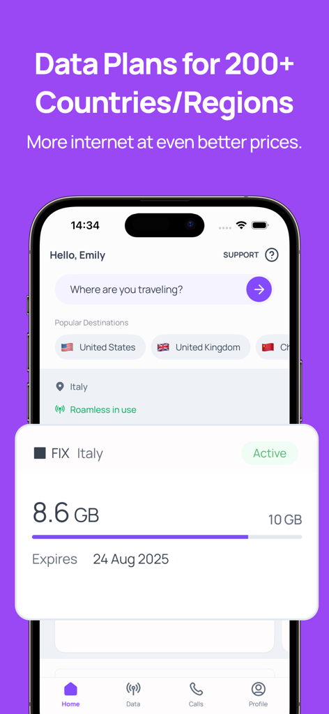 Pantalla del teléfono inteligente que muestra la aplicación Roamless con un plan de datos activo para Italia.