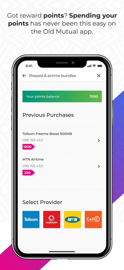 Old Mutual - Interface of the Old Mutual app showing reward points balance and options to spend them on prepaid airtime and data bundles from South African providers like Telkom, Vodacom, and MTN.