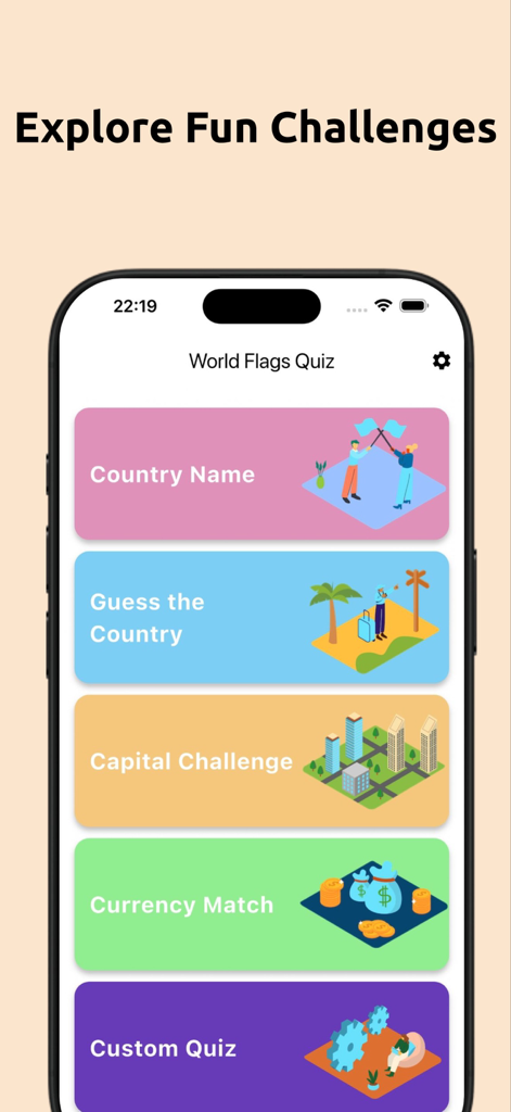 Una schermata di smartphone che mostra il menu dell'app Quiz Bandiere Paesi del Mondo con varie modalità di sfida come Nome Paese e Sfida Capitale.