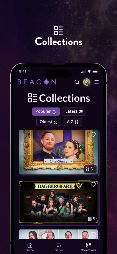 La pagina Collezioni dell'app Pocket Beacon che mostra serie video di Critical Role come One-Shots e Daggerheart con filtri di ordinamento.