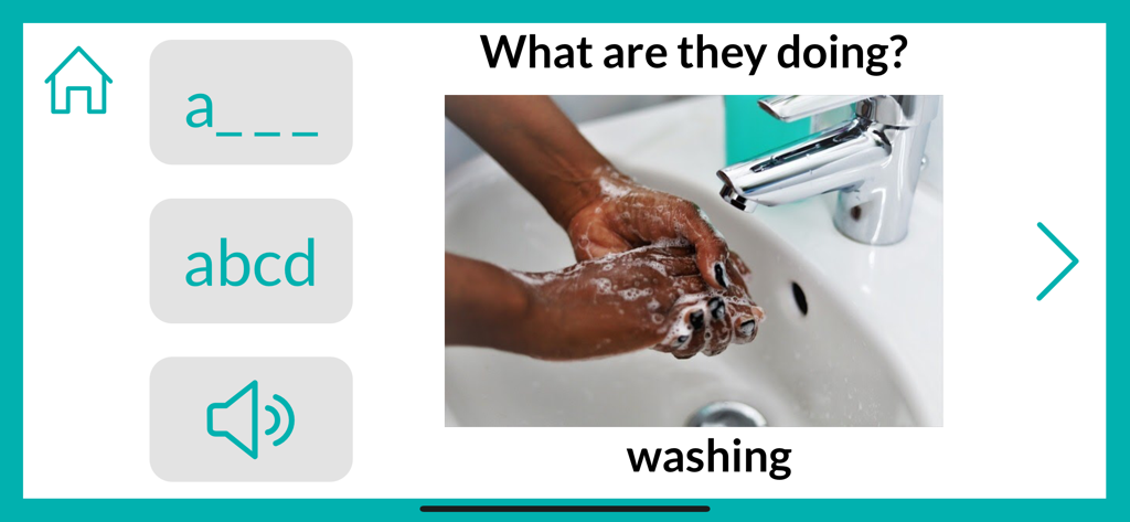 Cue Name - Actions - Cue Name Actionsアプリのインターフェース。手を洗っている写真と、「何をしているのですか？」という質問、および想起キューが表示されています。