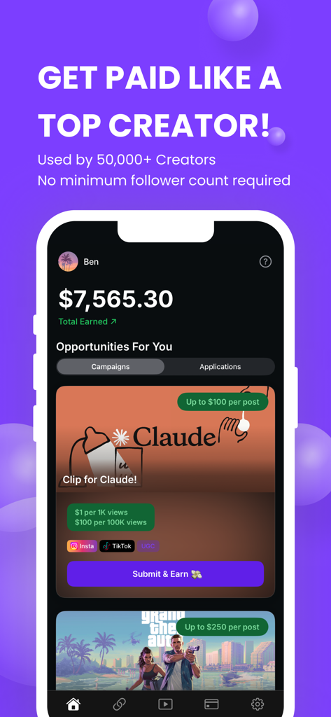 Clippable - Earn Money Posting - Mobile app interface showing creator earnings and performance-based brand campaigns