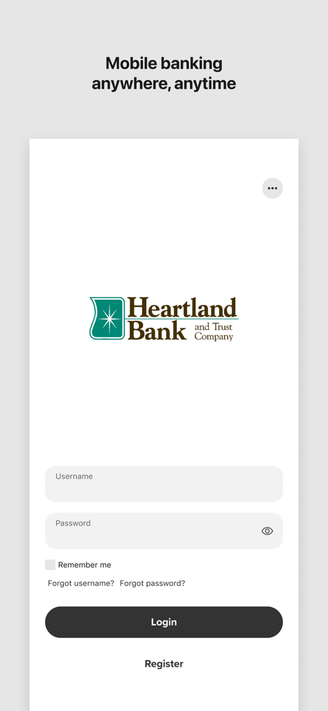 Heartland Bank Mobile Banking - Heartland Bank mobile banking login screen featuring username and password fields.