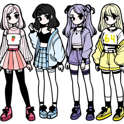 one girl with crop-top shirt and a jacket with a skirt, long socks and another girl with a shirt and pants with a jacket