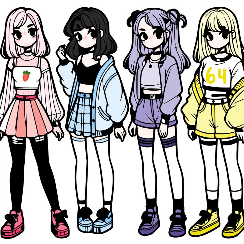 one girl with crop-top shirt and a jacket with a skirt, long socks and another girl with a shirt and pants with a jacket